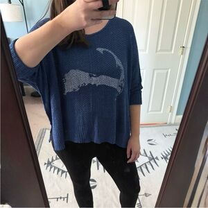 NWT "Beach Life" Cape Cod Map Blue Slouchy Knit Sweater, One Size XL-2XL